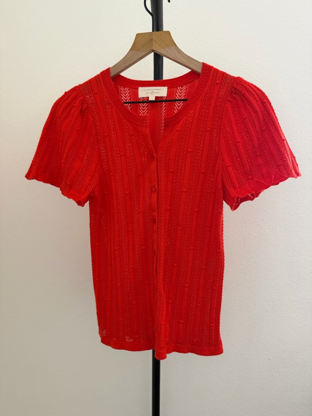 Sezane Davie organic cotton Vibrant coral Openwork Knit Cardigan - Picture 4 of 8